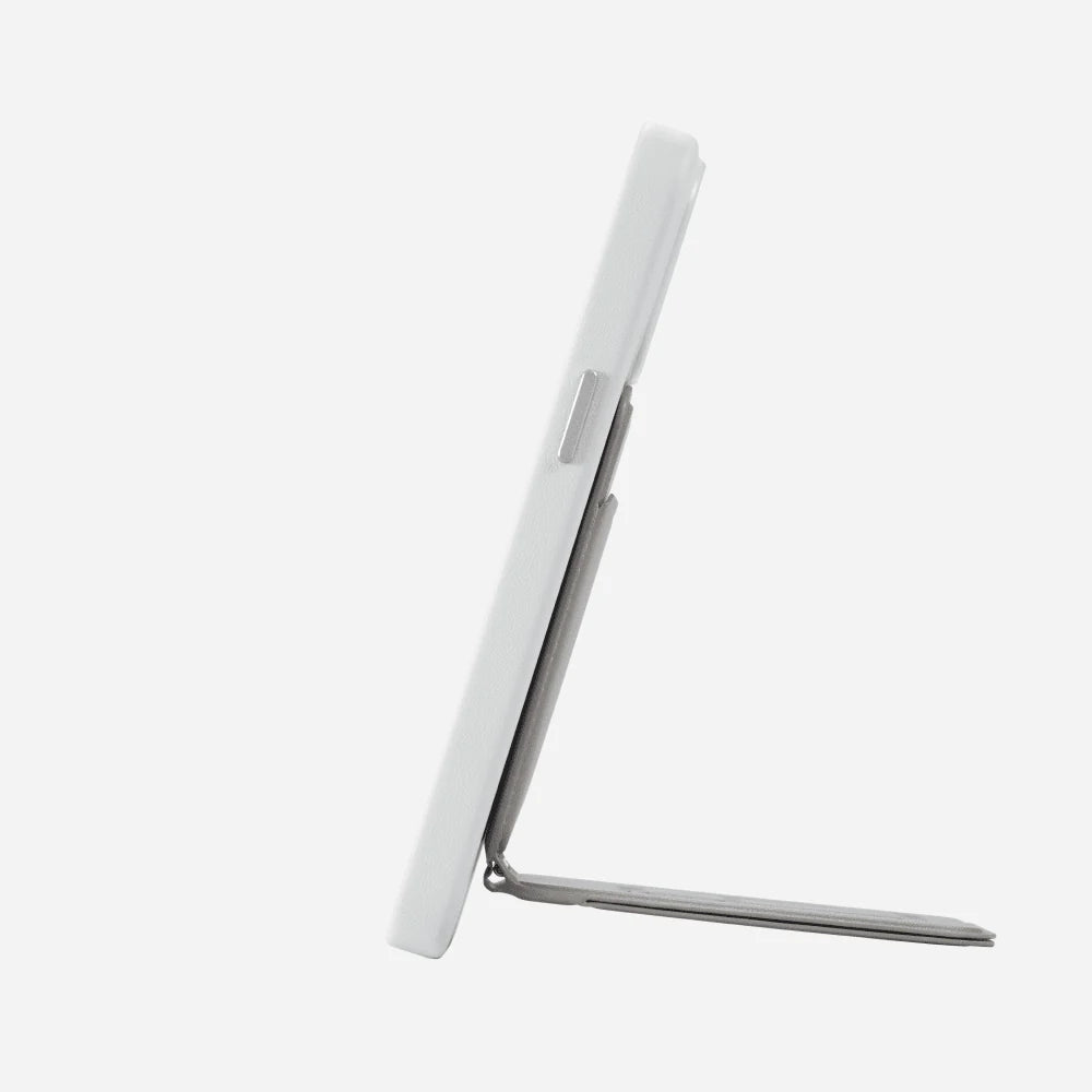 Side view of the MOFT MagSafe compatible phone stand and card holder, showcasing its sleek design and adjustable angle.