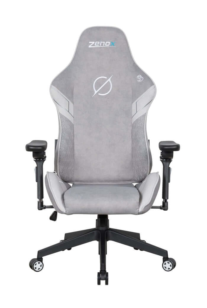 Zenox Saturn Mk-2 gaming chair in gray fabric with adjustable armrests and stylish design.