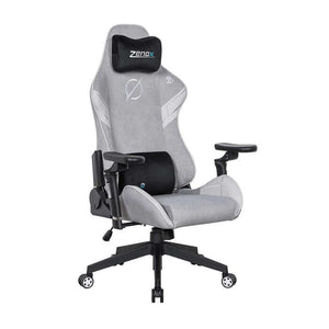 Zenox Saturn Mk-2 gaming chair in grey fabric with adjustable armrests and lumbar support.