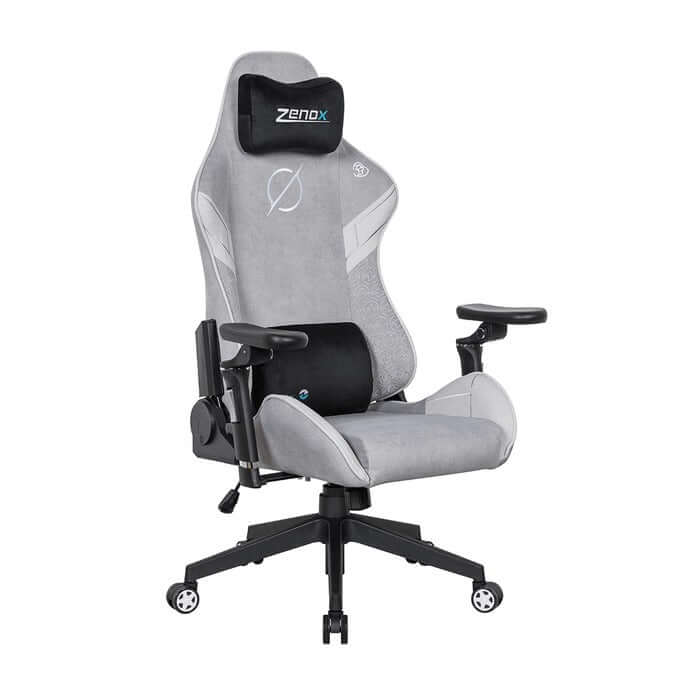 Zenox Saturn Mk-2 gaming chair in grey fabric with adjustable armrests and lumbar support.