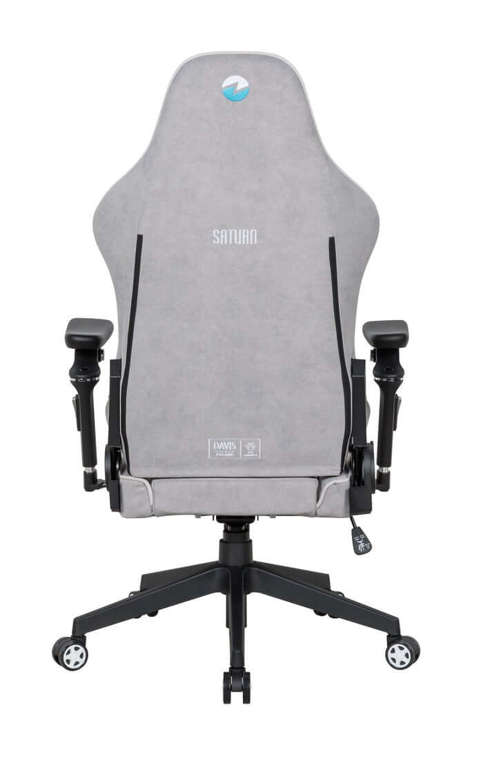 Zenox Saturn Mk-2 gaming chair with customizable armrests and grey fabric design.